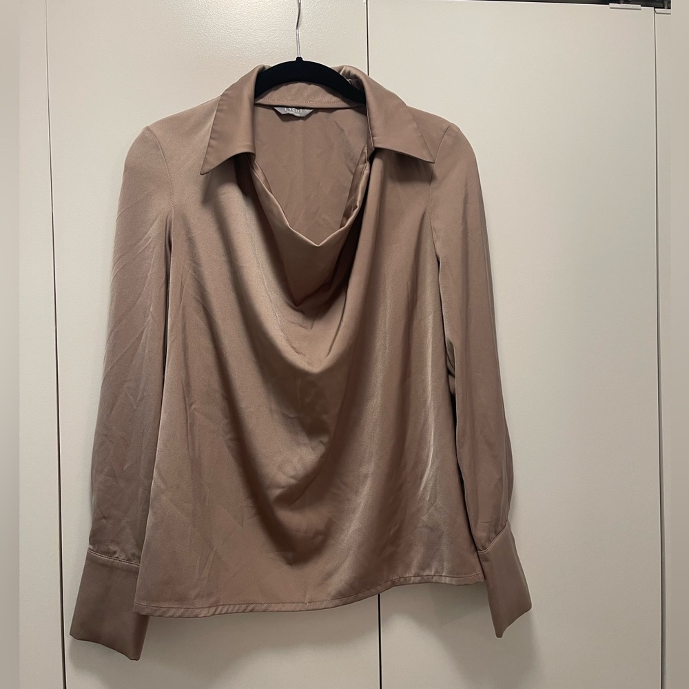 Lichi Mocha Satin Drape Neck Long-Sleeve Top